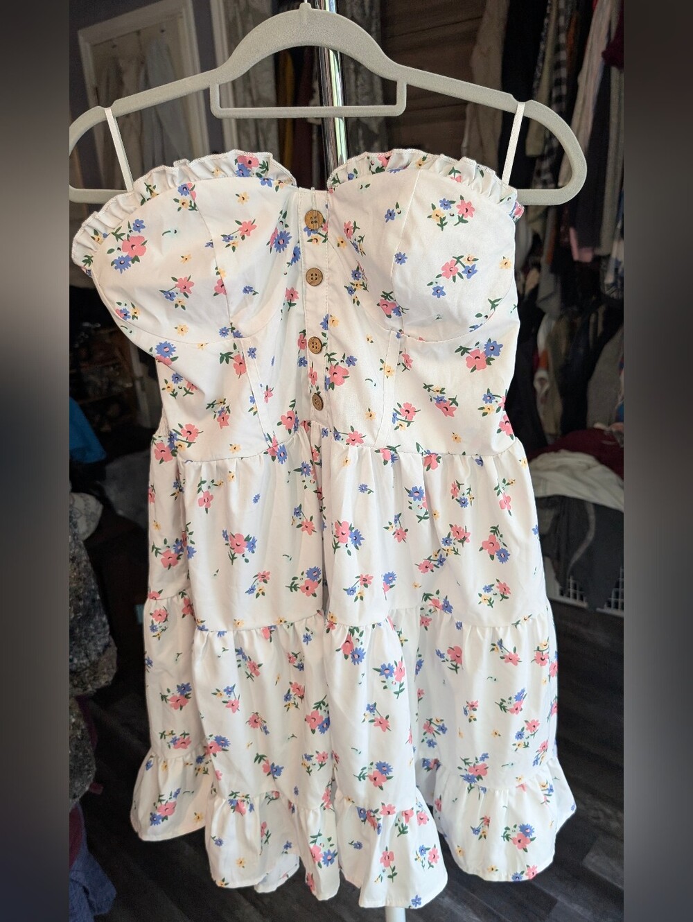 SHEIN White Strapless Floral Tiered Dress with Pink & Blue Blooms